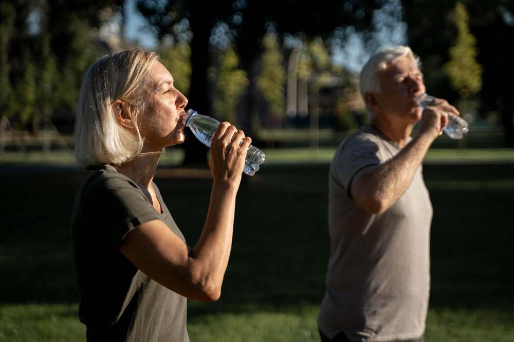 Dos personas adultas mayores bebiendo agua de botella tras hacer ejercicio en un parque al aire libre