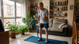 Hombre de 72 años hace entrenamiento de fuerza en casa con una goma elástica