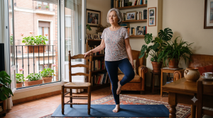 Mujer mayor practica un ejercicio de equilibrio sobre una pierna apoyada en una silla