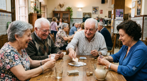 Cuatro personas mayores juegan a las cartas como ejercicio de memoria y vida social