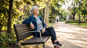 Mujer cuidadora descansa en un banco del parque para prevenir la sobrecarga del cuidador