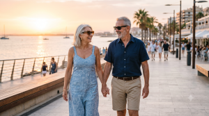 Pareja mayor pasea por un paseo marítimo durante unos días de respiro familiar