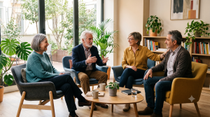 Grupo de apoyo de personas cuidadoras conversa en círculo en una sala luminosa