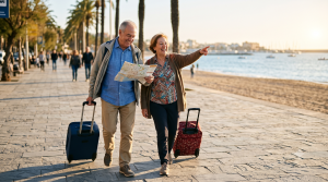 Pareja mayor con maletas pasea por la costa en un viaje del Imserso 2026-2027