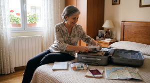 Mujer de 68 años prepara la maleta con una lista de comprobación antes de viajar