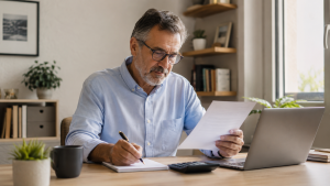 Hombre próximo a jubilarse revisa en casa la información sobre las pensiones en 2026