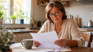 Mujer de unos 60 años leyendo documentos oficiales en la mesa de la cocina de su casa, junto a una taza de café, con expresión serena y concentrada