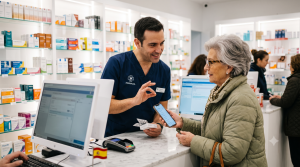 Farmacéutico ayuda a una mujer mayor a consultar información de salud en su teléfono móvil.