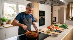 Hombre mayor prepara un guiso de verduras saludables en una cocina luminosa.